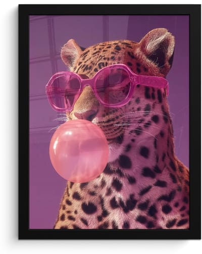 Poster in lijst - Fotolijst 30x40 cm - Posters - Panter - Zonnebril - Kauwgombel - Roze - Posterlijst zwart - Decoratie - Wanddecoratie woonkamer - Muurdecoratie slaapkamer