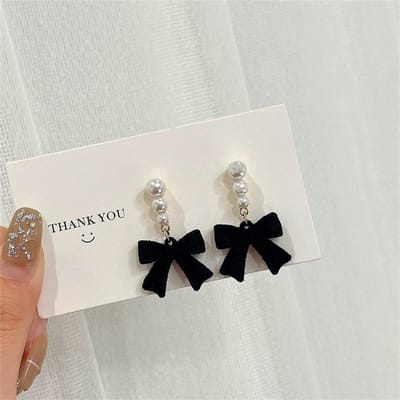 Boucles d'oreilles nœud papillon rouge et noir pour femmes et filles, en tissu de perles synthétiques, bijoux, accessoires pour oreilles, beaux cadeaux gray