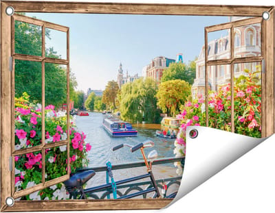 Gards Tuinposter Doorkijk Amsterdamse Kanaal met Bloemen - 60x40 cm - Tuindoek - Tuindecoratie - Wanddecoratie buiten - Tuinschilderij