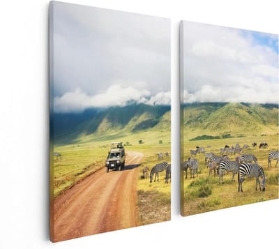 Artaza Canvas Schilderij Tweeluik Safari Auto tussen de Zebra's - 80x60 - Foto Op Canvas - Canvas Print