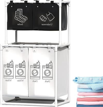Wasmand Organizer - Vuile Was - Was Sorteren - Verhoogd Ontwerp - 56 x 39 x 95 cm - Lichtgrijs