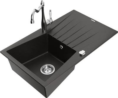Mexen Cesar granieten spoelbak met 1 bak en afdruiprek en keukenkraan Carla, zwart/gouden metallic - 6514-75-670700-00