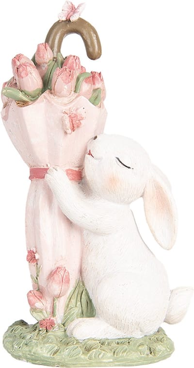 Clayre & Eef Decoratie Beeld Konijn 15 cm Wit Roze Kunststof