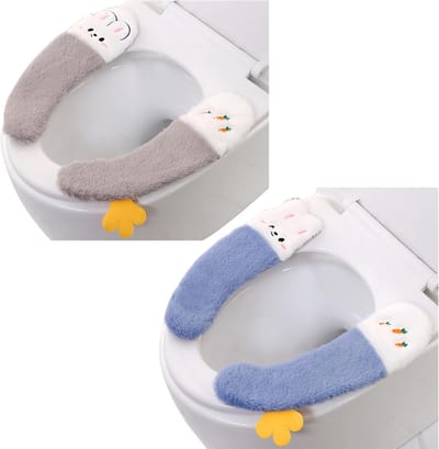 2 paar wc-stoelhoes, toilethoes verdikt kleverige toiletbril hoes mooie wintertoiletbril wasbaar pluche toiletzitkussen zacht toiletkussen toiletbril (blauw + grijs)
