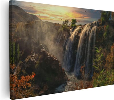 Artaza Canvas Schilderij Zonsondergang - 30x20 cm - Klein - Wanddecoratie Waterval - Muurdecoratie Bos - Kamer Accessoires