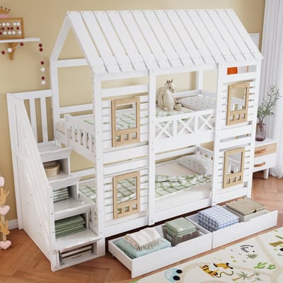 MODFU – Stapelbed met Opbergladen – 90x200 cm – Opbergtrap & Dak – Speels Ontwerp – Grenenhout – Wit & Naturel