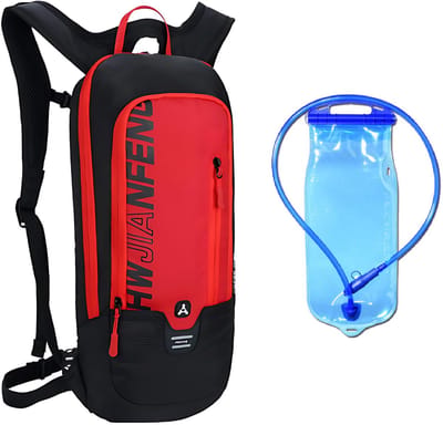 CarryQuest® - 6L Ultralight Outdoor Sport Rugzak + Blaas - Waterdichte Polyester Daypack met Drinksysteem, Rugventilatie, Waterreservoirvak & Front-/Toploader - 46x22x7 cm - Rood
