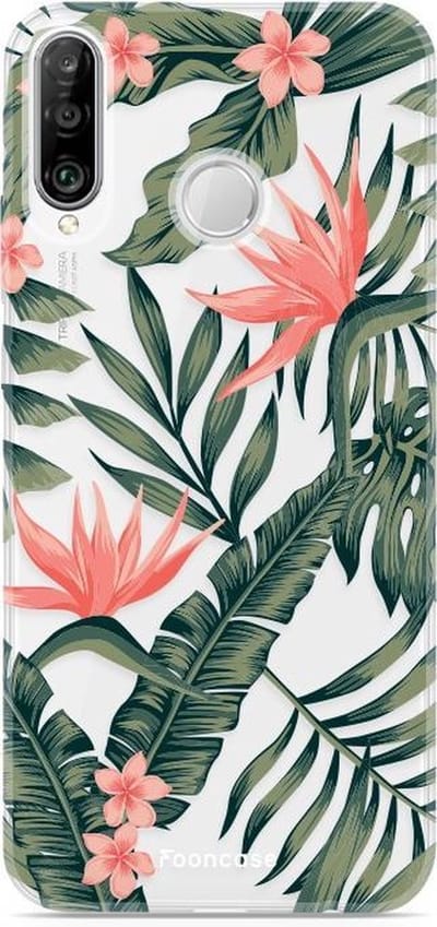 Fooncase Hoesje Geschikt voor Huawei P30 Lite - Shockproof Case - Back Cover / Soft Case - Tropical Desire / Bladeren / Roze
