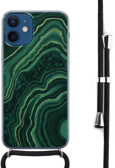 Hoesje met koord - Geschikt voor iPhone 12 Mini - Marmer groen agate - Verstelbaar zwart koord - Transparant, Groen - Marmer - Leuke Telefoonhoesjes
