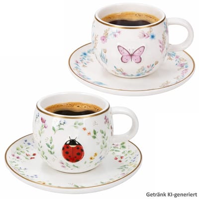 2-delige set FANCY GARDEN lieveheersbeestje & vlinder espressokopjes met schoteltjes van porselein – R1371#FGAR