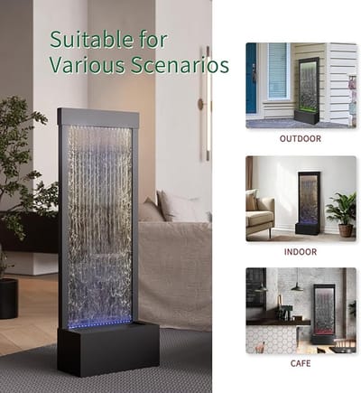 Indoor Waterfall Fountain 45.5x20x123 cm – Modern Mirror Glass Stainless Steel Freestanding Floor Standing Water Feature with APP & Remote Controlled Multicolor LED Lighting, Luxury Zen Indoor/Outdoor Decor