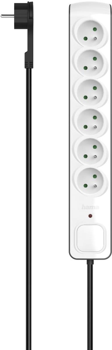 Hama Stekkerdoos, 6-voudig, overspan.bev, platte stekker, 1,5 m, zwart/wit