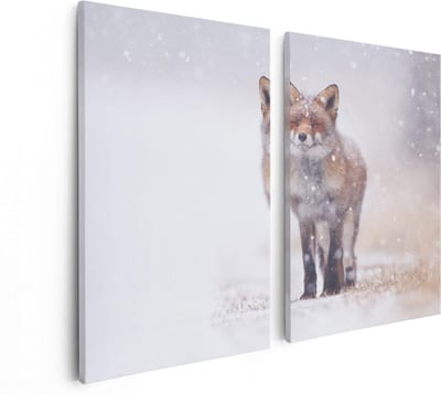 Artaza Canvas Schilderij Tweeluik Vos in de Sneeuw - 80x60 - Foto Op Canvas - Canvas Print
