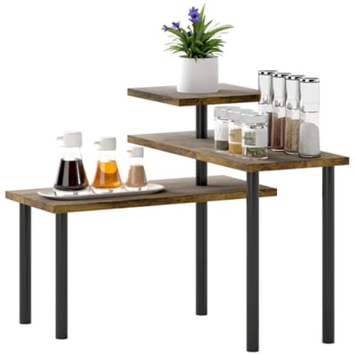 Opbergrek met drie lagen - Keukenrek - Opbergrek - Magnetronrek - Metalen opbergrek - 40 x 18 x 36,5 cm - Geschikt voor keukengerei, kruiden, potplanten en kleine woonaccessoires - Houtkleur