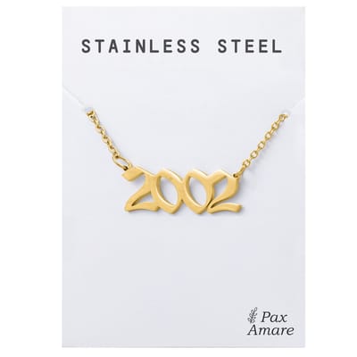 Jaartal 2002 Ketting Goudkleurig - Stainless Steel - Sieraad op Cadeau Kaartje - Jaar Hanger - Pax Amare