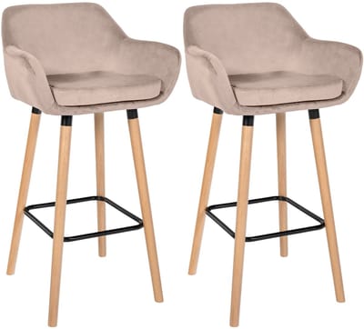 CLP Grant Set van 2 barkrukken - Met rugleuning - Moderne Barstoel - Beukenhouten Poten - Belastbaar tot 150 kg - Velvet - Fluweel - licht grijs/natura