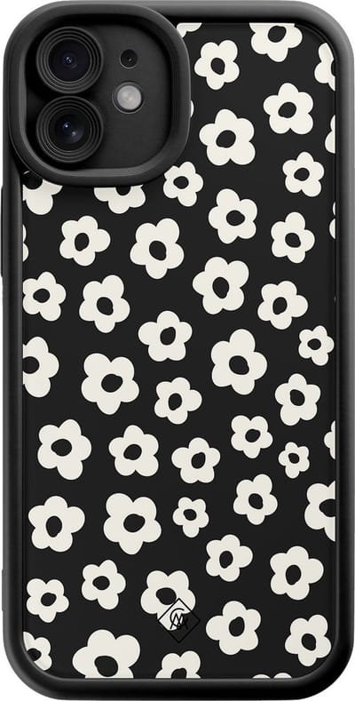Casimoda® hoesje - Geschikt voor iPhone 12 - Retro Bloempjes - Effen telefoonhoesje met lensbescherming - TPU - Backcover - Zwart