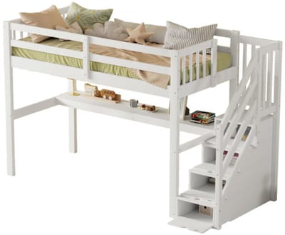 Hoogslaper, 90 x 200, eenpersoonsbed,kinderbed, met opberglades en onderbedbureau, wit