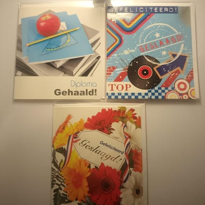 6 Luxe Geslaagd Wenskaarten - Kaart Wens Kaart Examen Geslaagd School Studie Opleiding - 3 Motieven 12x13.5cm Rood Wit Blauwe Envelop - Art of Cards