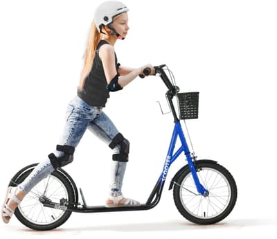 Kinderstep - Kinderstepjes met 16-inch Luchtbanden, Mandje en Handrem - Step - Stadsstep - Stuurhoogte: 90-96 cm - Speelgoed Jongens/Meisjes 5-12 jaar - Draagkracht tot 100 kg - Blauw+Zwart