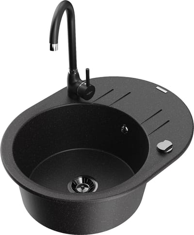 Mexen Kevin granieten spoelbak 1-komerig met afdruiprek en keukenkraan Telma, zwart/zilver metallic - 6517-73-670200-70-B