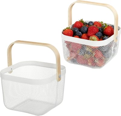 Vierkante Draadmand met Handvat, Opbergmand voor Tuin, Keuken en Badkamer, Perfect voor Picknicks, 18 x 24,5 x 24,5 cm, Set van 2, Ideaal voor Organisatie en Decoratie