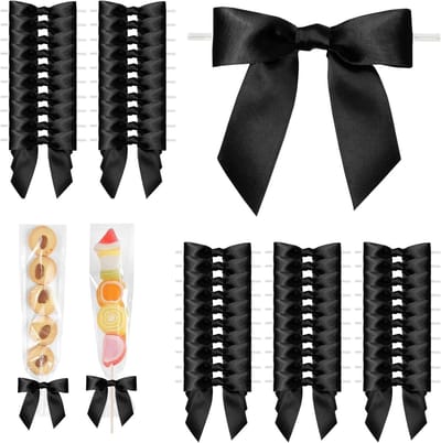 50 Stuks Zwarte Satijnen Twist Strikjes voor Traktatietasjes, 3 Inch Ribbons, Voorverpakte Creatieve Strikken voor Cadeautasjes en Versieringen
