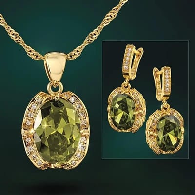 Ensemble de bijoux de style vintage avec zircone cubique géométrique vert olive avec boucles d'oreilles, pendentif, ensembles de colliers, cadeau de Saint-Valentin resizable beige