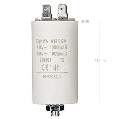 Startcondensator voor elektromotor - permanente eenfasige condensator, geschikt voor pompen, compressoren en wasmachines - 450 VAC, 12,0 uF
