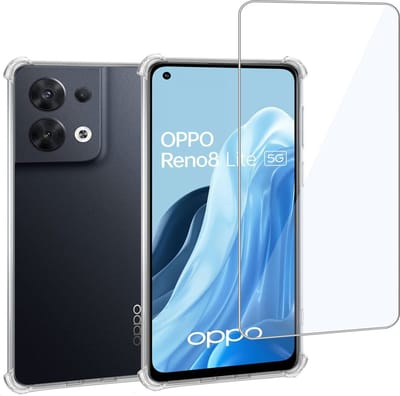 Geschikt voor OPPO Reno 8 Lite - Hoesje + Screenprotector – Gehard Glas Cover + Shock Proof Case - Transparant