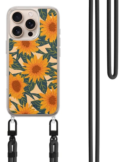 Hoesje met koord geschikt voor iPhone 16 Pro - Zonnebloemen - Inclusief zwart koord - Crossbody beschermhoes - Transparant, Oranje - Mooie Telefoonhoesjes