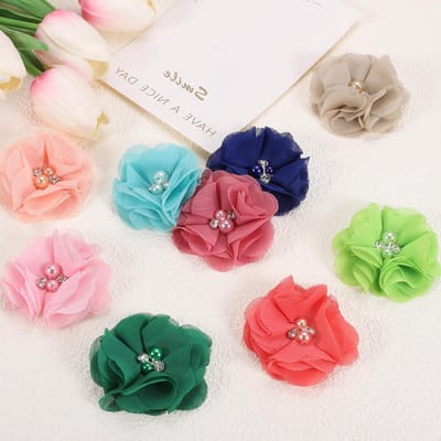 Chiffon Bloemen met Strass en Parels - 30 Stuks Kunststof Applicaties voor Kleding, Bruiloft en DIY Decoraties in Lichtroze