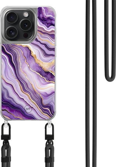 Hoesje met koord geschikt voor iPhone 13 Pro - Purple marble - Inclusief zwart koord - Crossbody beschermhoes - Transparant, Paars - Mooie Telefoonhoesjes