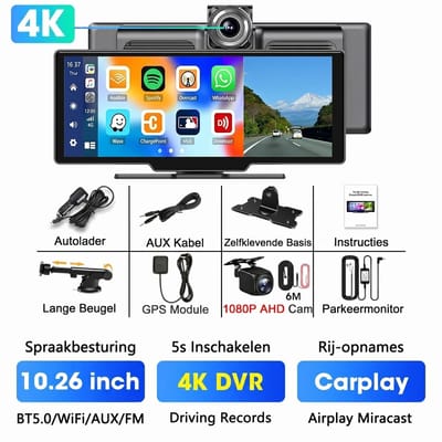 NordHaus 4K Dashcam met 26 cm IPS Touchscreen - Draadloze Apple CarPlay & Android Auto - Dual Camera Voor en Achter - GPS - Wifi - Complete Set - Zwart