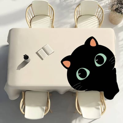 Schattige Zwarte Kat Tafelkleed Huisfeest Picknick Eetkamer Keuken Terrassen Vlekbestendig Polyester Tafelkleed 100x140cm