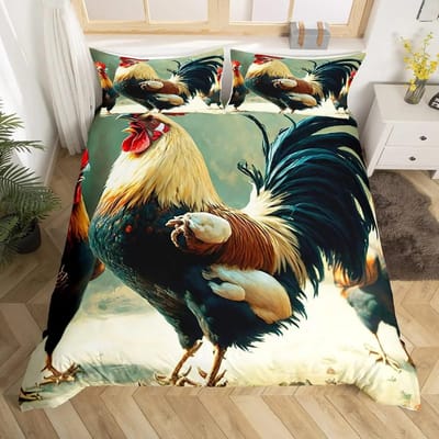 Housse de Couette Poulet Mignon King Queen Coloré Coq Ensemble de Literie Animal de Ferme Housse de Couette Drôle Rustique Ferme Housse de Couette AU Queen 210x210cm