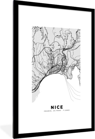 Fotolijst incl. Poster - Kaart - Frankrijk - Stadskaart - Plattegrond - Nice - 80x120 cm - Posterlijst