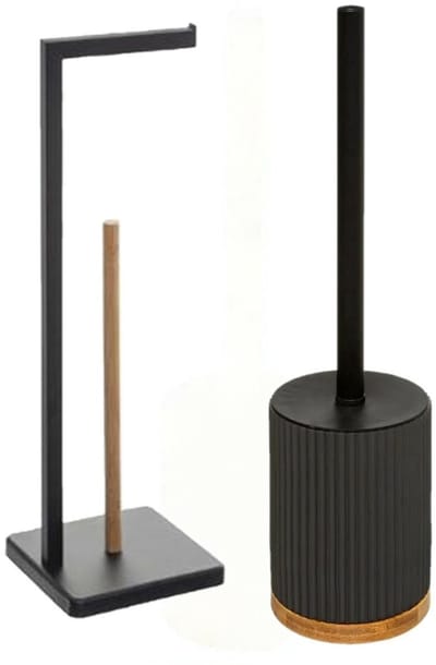 5Five WC-borstel / Toiletborstel - met toiletrolhouder - in het zwart - badkamer set - polyresin en metaal