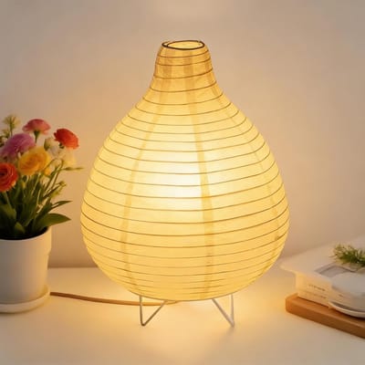 Witte papieren lampenkap voor tafellamp, nachtlamp en vloerlamp met E14 fitting, schakelaar en lichtbron, 1.8 m kabel, hoogte 25 cm