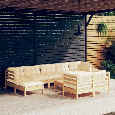 vidaXL - 10-delige - Loungeset - met - crèmekleurige - kussens - massief - grenenhout