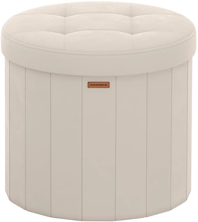 MakkelijkMooi Opbergbankje Rond - Poef - Opbergkruk - Opvouwbaar - Met Opbergruimte - Afneembaar Deksel - Cappuccino Beige