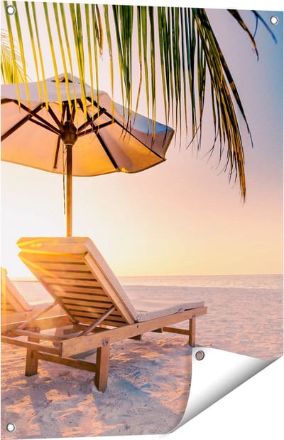 Gards Tuinposter Tropisch Strand tijdens Zonsondergang - 60x80 cm - Tuindoek - Tuindecoratie - Wanddecoratie buiten - Tuinschilderij