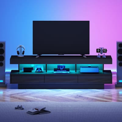 REDOM - Tv-Meubel - Hoogglans - Met 3 Glasplanken En Ledverlichting - Modern - Voor Woonkamer - Spaanplaat - Zwart - 160 X 38 X 50,5 Cm