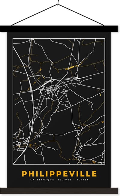 Posterhanger incl. Poster 40x60 cm - Schoolplaat - Philippeville - Stadskaart - Plattegrond - Goud - Kaart - Textielposter - Zwarte latten - Stadskaart