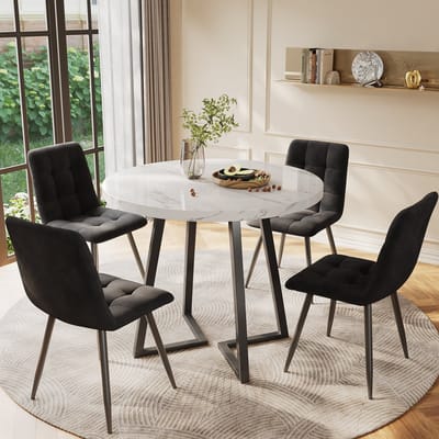 Eetkamerset - Ø80 cm - ronde keuken eettafel + 4 zwarte fluwelen stoelen - MDF wit tafelblad + metaal - modern - zwart