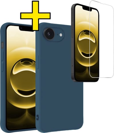 Hoesje - Met Screenprotector - Geschikt voor Apple iPhone 16e - Sterk & Shockproof - Back Cover - Siliconen Case - Telefoon Hoes - Telefoonhoesjes - Donkerblauw