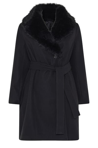Yours Zwarte Lange Jas Met Kraag Van Imitatiebont Size 44