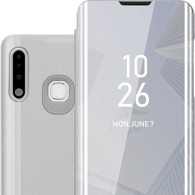 Cadorabo Hoesje geschikt voor Samsung Galaxy A70e in AGAAT ZILVER - Clear View Spiegel Beschermende Case met Tribunefunctie 360 Graden Bescherming Book Case Cover Etui