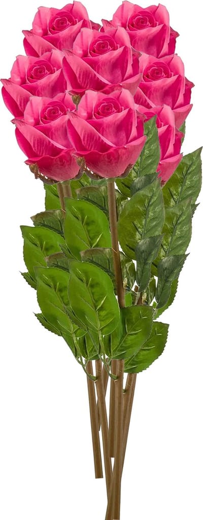 Emerald Kunstbloemen boeket Roos Bud - 8x - 58 cm - fuchsia - Kunst zijdebloemen