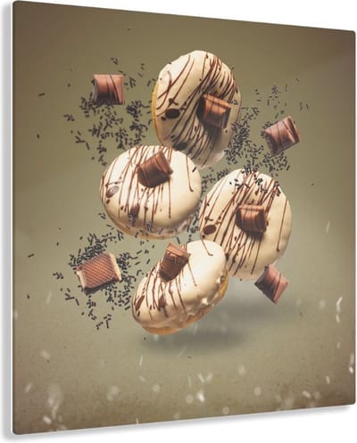 Indoorart - Glasschilderij zwevende donuts 50x50 CM - Afbeelding op plexiglas - Inclusief montagemateriaal